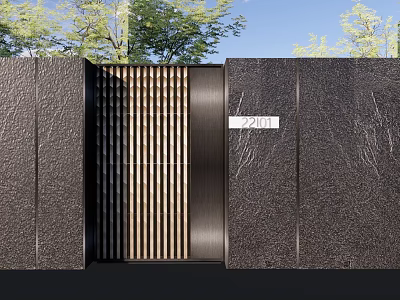 Building Exterior Wall Featuring Black Textured Vertical Slat Gate 2911 Number Green Trees Blue Sky 3d model