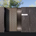 Building Exterior Wall Featuring Black Textured Vertical Slat Gate 2911 Number Green Trees Blue Sky
