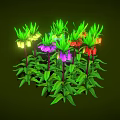 Vibrant Colorful Plants with Green Leaves Purple Red Yellow Blue Flowers on Green Background
