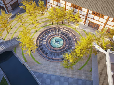 Circular Fountain Courtyard With Yellow Trees And Surrounding Buildings Water Channel Stone Pavement 3d model