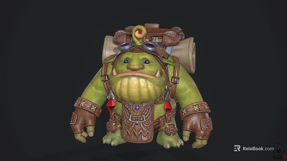 Game Movie Character With Green Skin Backpack Goggles Scrolls And Decorative Bracers 3d model 