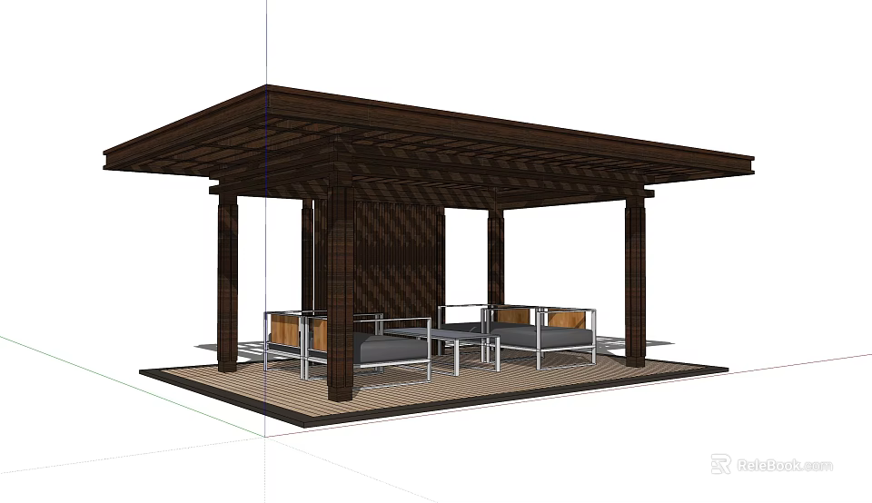 Outdoor Pergola With Brown Wooden Roof Columns And Leisure Sofa Table Setup 3d model 