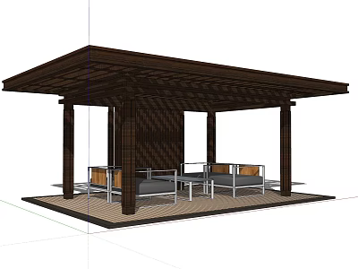 Outdoor Pergola With Brown Wooden Roof Columns And Leisure Sofa Table Setup 3d model