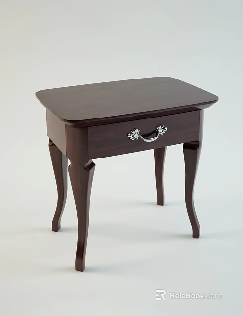 Dark Brown Bedside Table With Drawer Silver Decorative Handle And Curved Legs 3d model 