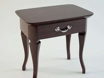 Dark Brown Bedside Table With Drawer Silver Decorative Handle And Curved Legs 3d model