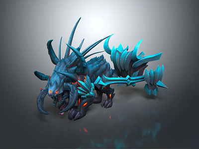 Blue Mythical Dragon Creature With Sharp Horns Glowing Orange Claws And Weapon Structures 3d model
