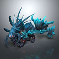 Blue Mythical Dragon Creature With Sharp Horns Glowing Orange Claws And Weapon Structures
