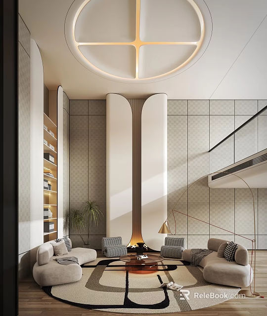 Modern Duplex Living Room Interior With Circular Lighting Sofa Chairs Fireplace And Staircase 3d model 