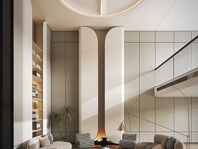 Modern Duplex Living Room Interior With Circular Lighting Sofa Chairs Fireplace And Staircase 3d model