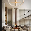 Modern Duplex Living Room Interior With Circular Lighting Sofa Chairs Fireplace And Staircase