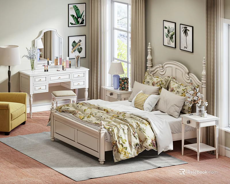 Elegant White Double Bed with Carved Headboard Floral Bedding and Decorative Pillows 3d model 