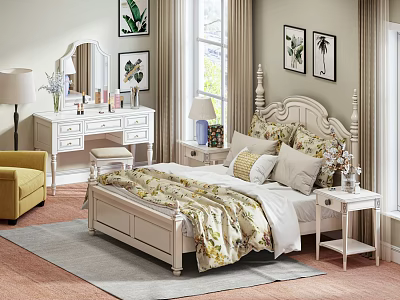 Elegant White Double Bed with Carved Headboard Floral Bedding and Decorative Pillows 3d model