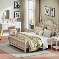 Elegant White Double Bed with Carved Headboard Floral Bedding and Decorative Pillows