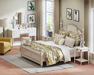 Elegant White Double Bed with Carved Headboard Floral Bedding and Decorative Pillows 3d model