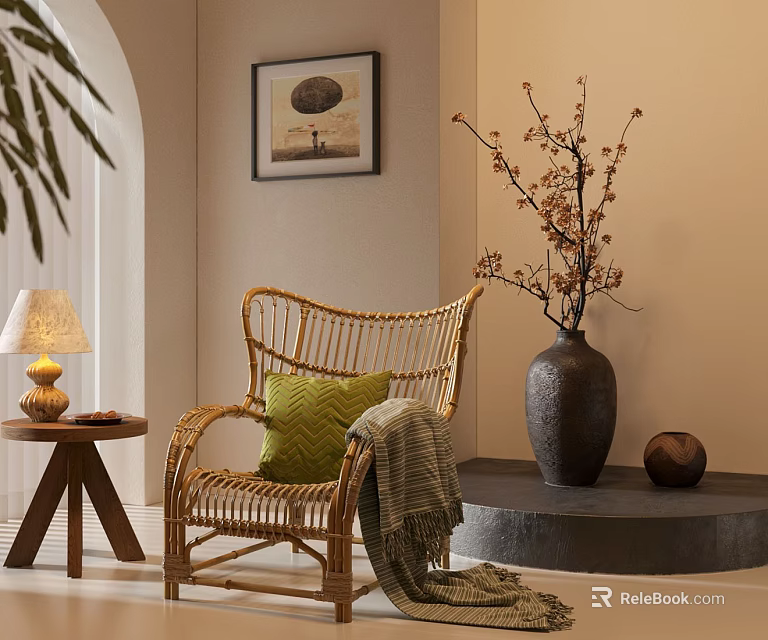 Rattan Leisure Chair Featuring Green Cushion Blanket And Side Table With Lamp Near Decorative Painting 3d model 