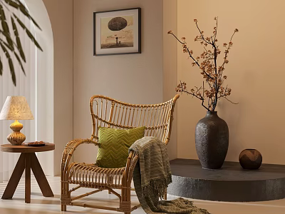 Rattan Leisure Chair Featuring Green Cushion Blanket And Side Table With Lamp Near Decorative Painting 3d model