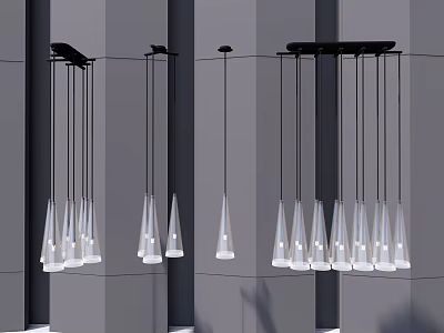 Stylish Modern Conical Chandeliers With Transparent Light Bodies On Gray Wall 3d model