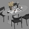 Modern Minimalist Oval Dining Table With Black Chairs And Decorative Items 3d model