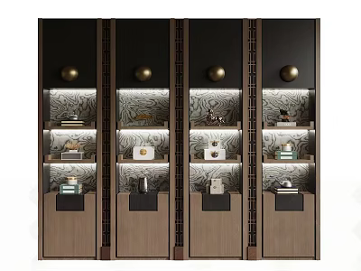 Modern Symmetrical Wooden Decorative Cabinet With Layered Illuminated Shelves Books And Ornaments 3d model