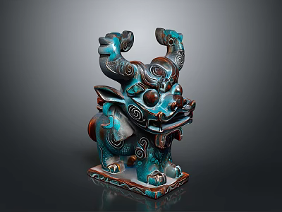 Traditional Mythical Beast Statue With Blue Brown Color Intricate Spiral Patterns Curled Horns And Square Base 3d model