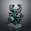Traditional Mythical Beast Statue With Blue Brown Color Intricate Spiral Patterns Curled Horns And Square Base