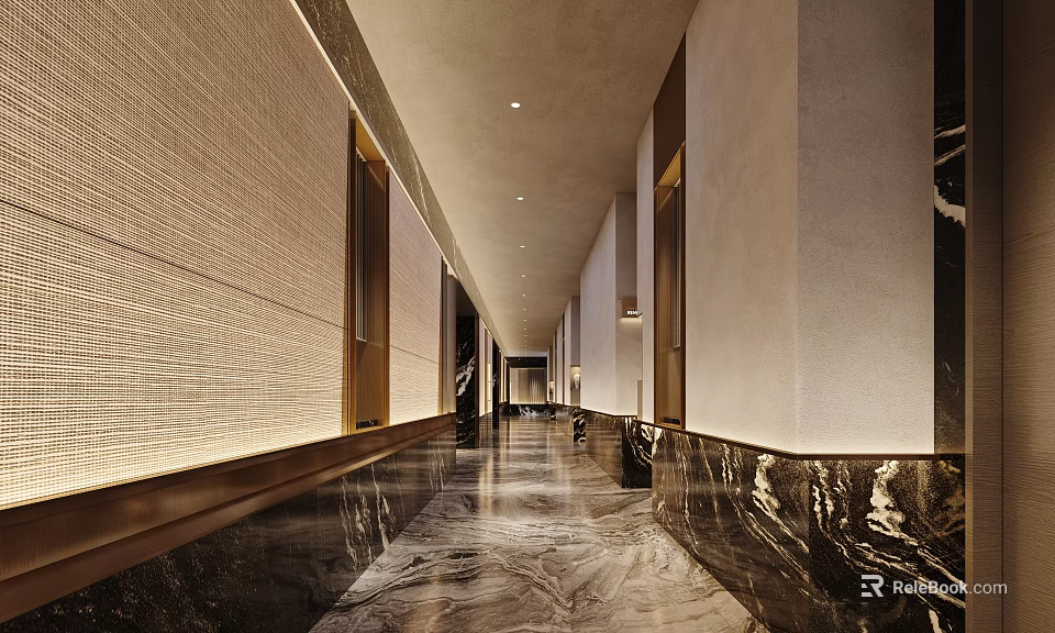 Elegant Modern Box Interior Design With Textured Walls And Marble Flooring 3d model 