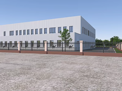 Large White Industrial Factory Building With Multiple Windows Metal Fencing And Trees 3d model