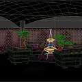 Modern Lounge Scene With Black Floor Sofas Red Cushions Green Plants Checkered Walls And Arched Ceiling