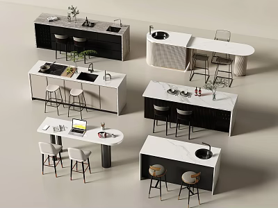 Stylish Modern Bar Counter Designs With Marble Tops And High Stools 3d model