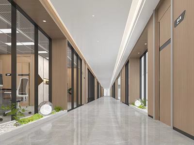 Office Corridor With Glass Partitions Wooden Doors Gray Flooring And Green Plants 3d model