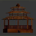 Traditional Wooden Gazebo With Multi Tiered Red Structure Curved Roof And Steps