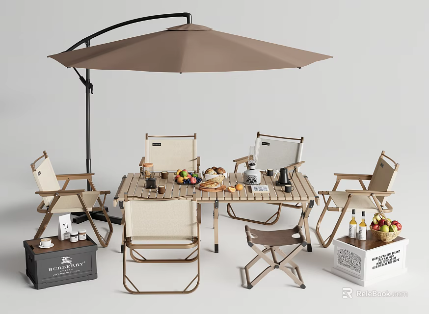 Outdoor Dining Table and Chairs Set With Umbrella Fresh Fruits and Storage Boxes 3d model 