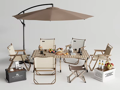 Outdoor Dining Table and Chairs Set With Umbrella Fresh Fruits and Storage Boxes 3d model