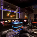 Modern Bar Featuring Counter Stools Shelves Bottles Black White Checkered Floor City View Green Plant