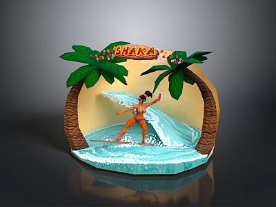Woman Surfing on Waves with Palm Trees Shara Theme and Water Splash 3d model