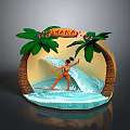 Woman Surfing on Waves with Palm Trees Shara Theme and Water Splash