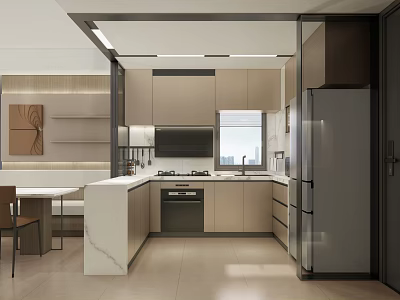 Modern Kitchen Interior Design With Open Layout White Island Countertop And Sleek Cabinets 3d model
