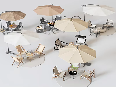 Camping Site Outdoor Seating Area With Shade Umbrellas Wooden Tables And Comfortable Chairs 3d model