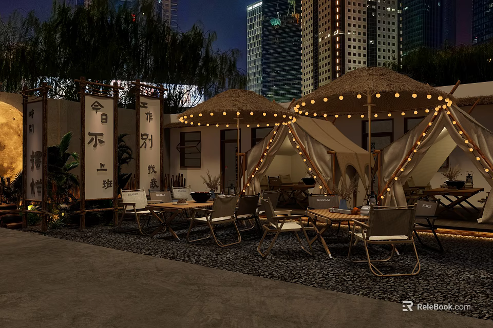 Outdoor Restaurant With Straw Umbrellas Tents String Lights And City Skyline At Night 3d model 