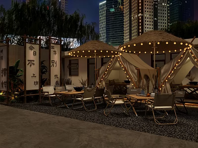Outdoor Restaurant With Straw Umbrellas Tents String Lights And City Skyline At Night 3d model