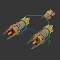 Futuristic Yellow Blue Mechanical Vehicle With Cylindrical Parts And Connecting Cables