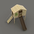 Outdoor Wooden Playhouse For Kids With Stairs Slide And Green Window Design