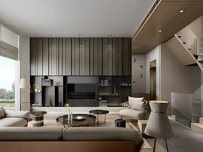 Modern Living Room Interior With Wooden Panel Walls Sofa Coffee Table And Staircase 3d model