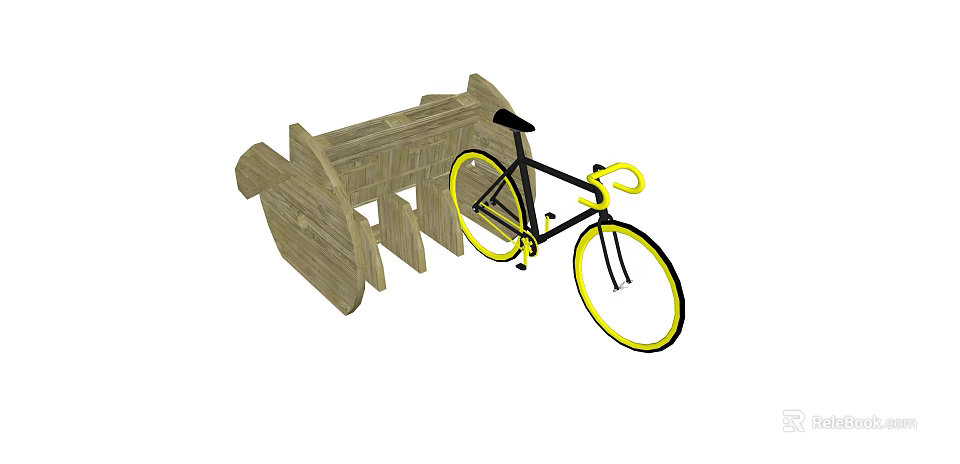 Black And Yellow Bicycle Parked On Wooden Structure With Curved Design 3d model 