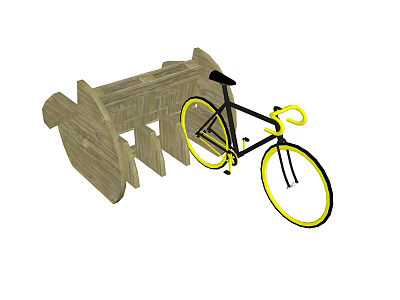 Black And Yellow Bicycle Parked On Wooden Structure With Curved Design 3d model