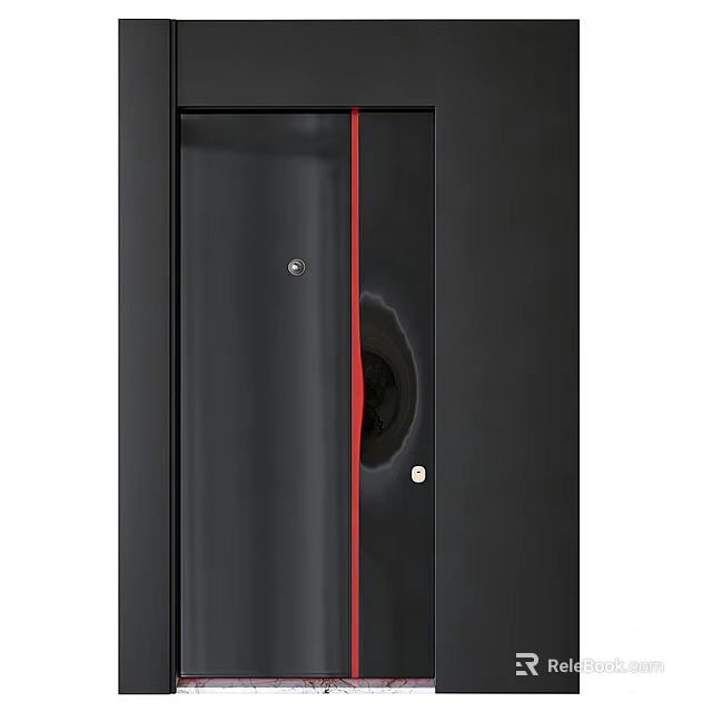 Modern Swing Door With Black Frame Glass Panel And Red Accent Line Design 3d model 