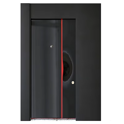 Modern Swing Door With Black Frame Glass Panel And Red Accent Line Design 3d model