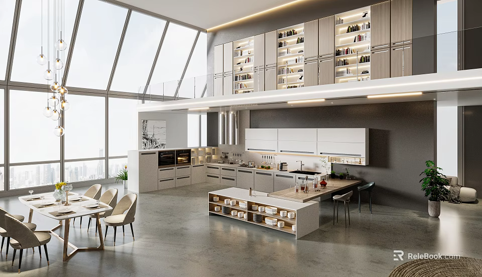 Modern Restaurant Interior with Open Design Large Windows Dining Area and Kitchen Island 3d model 