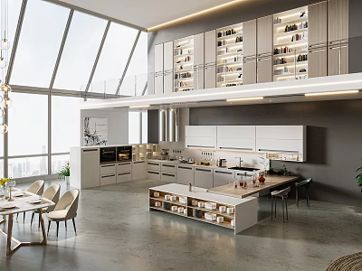 Modern Restaurant Interior with Open Design Large Windows Dining Area and Kitchen Island 3d model