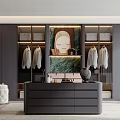 Modern Walk-in Closet Interior Design With Dark Cabinets Hanging Clothes Decorative Painting And Organized Storage Solutions